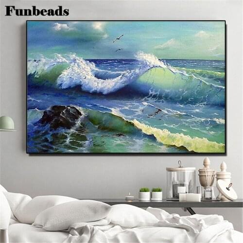 Scenic ocean waves and seagulls diamond mosaic diamond rhinestone embroidery painting full drill square round cross stitchFF4358