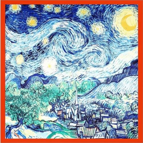 90CM Large Square Scarf Silk Scarf New Van Gogh Oil Painting Starry Sky Luxury Brand Handkerchief Headscarf Ladies Travel Shawl