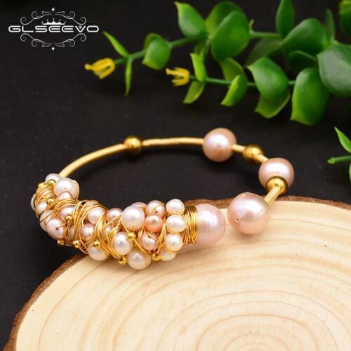 GLSEEVO Natural Fresh Water Pearl Bracelet Irregular Shaped Pearls Jewelry Handmade Luxury Bangle Cuff For Wedding Women GB0116