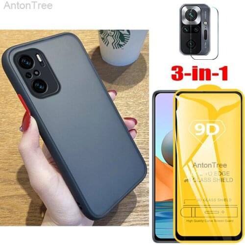 3 in 1 Case for Xiaomi Redmi Note 10 Pro Note10 Tempered Glass + Camera Lens Protector Case + Frosted Plastic Hard Clear Cover