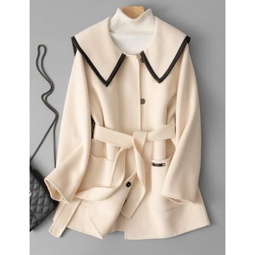 High End Double Faced Cashmere Overcoat Womens Small Short 2021 Autumn and Winter New Navy Collar Waist Woolen Jacket