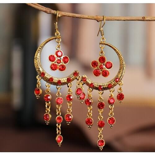 Ethnic Womens Red Flower Bohemian Earrings Vintgae Moon Alloy Beaded Gypsy Jhumka Earrings Oorbellen Hangers