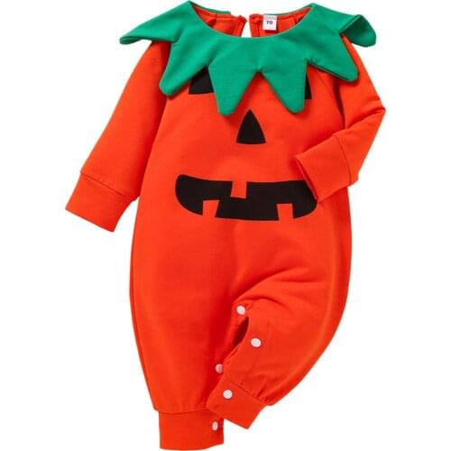 Halloween Pumpkin Romper Newborn Baby Print Long Sleeve Round Neck Jumpsuit