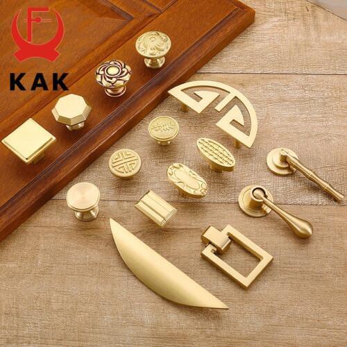 KAK Pure Copper Kitchen Cabinet Handles Cupboard Door Pulls Drawer Knobs European Vintage Brass Gold Furniture Handle Hardware