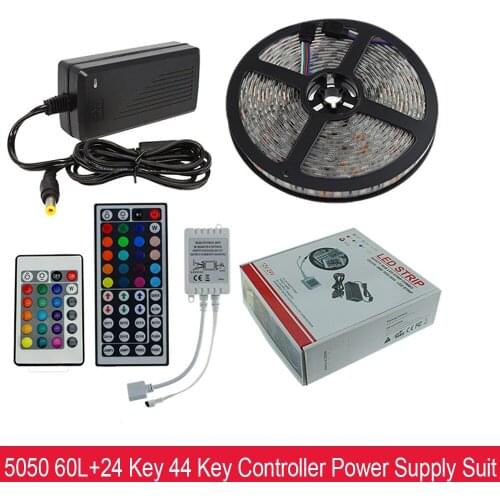 DC12V SMD5050 5m 60leds/m+24/ 44/ Keys IR RGB LED Light Strip Controller +12V 5A Power Supply Color Box Package Set