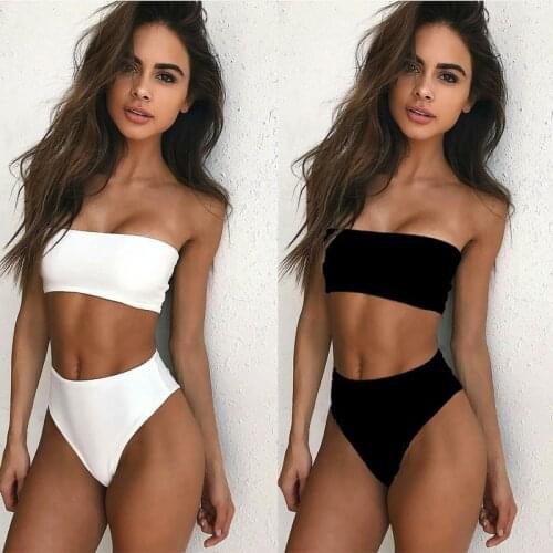 High Waist Bikinis Bandeau Swimsuits Print Swimwear Women Black Strapless Biquini High Cut Bathing Suit Women 2021 Beachwear