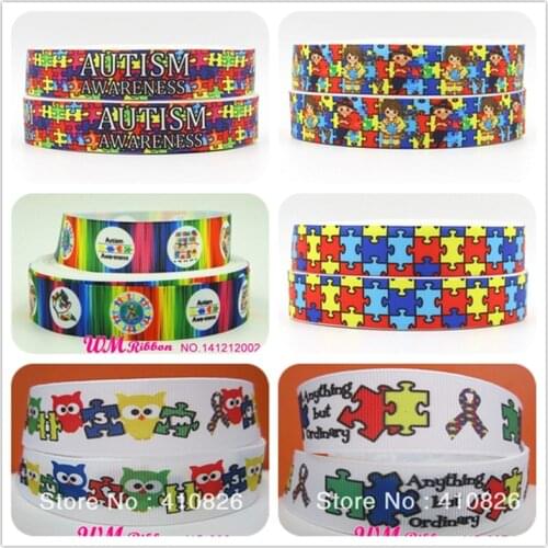 Q&N ribbon 7/8inch 22mm peace health autism awareness printed grosgrain ribbon 50yds/roll free shipping for hair bow headband