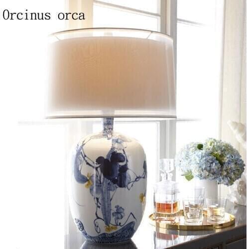 New Chinese style simple bedroom bedside lamp hand-painted blue and white porcelain table lamp living room decoration table lamp
