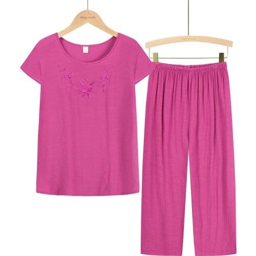 New 2021 Pure Cotton Brief Outfits Large Size Womens Calf-Length Pants Sets Short-Sleeve Wide Leg Pants 2 Pcs Sets Plus Size