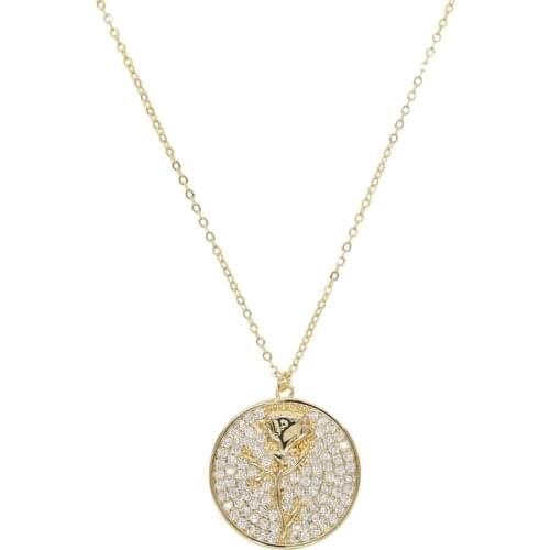 2019 white cubic zirconia round coin pendant necklace gold filled fashion women geometric rose flower engraved wedding jewelry