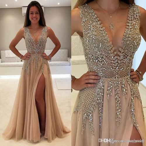 Color Luxury Beaded Side Split Prom Dresses Deep V Neck See Through Back Party Saudi Arabic Long Evening Dresses Crystal Plus Si