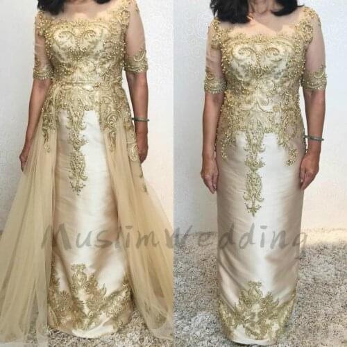 Luxury Gold Mother Of The Bride Dresses With Detachble Train Half Sleeve Beaded Lace Groom Mom Formal Evening Dress Plus Size