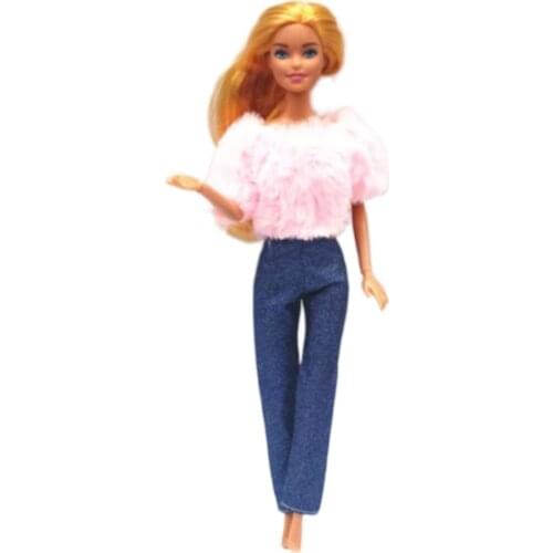 Pink Fur Shirt Denim Jeans Pants Trousers For Barbie Clothes Fashion Outfits 11.5" Dolls Accessories Baby Dollhouse Toy For Girl