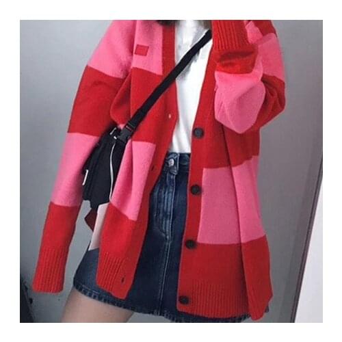 2020 Autumn and Winter New Striped Color Matching V-neck Wool Knitted Cardigan for Men and Women