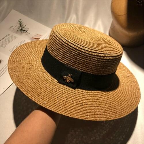 Classic Straw Hat for Women Retro Golden Woven Top Hat Summer Wide-brimmed Sunshade Flat Hat Fashion Beach Bucket Hat Cap