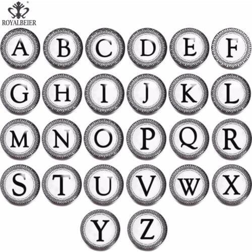 ROYALBEIER 26 English Words Alphabet Letters 18mm Glass Snap Button Jewelry Fit Bracelets Women Gifts Jewelry kg0040