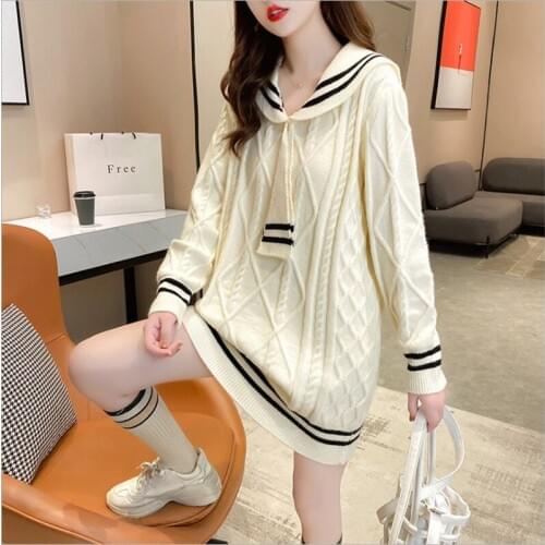 Mid-length Sweater 2020 New Women Korean Style Loose Outer Wear Navy Style Western Style Autumn Knitted black white Dress Trend