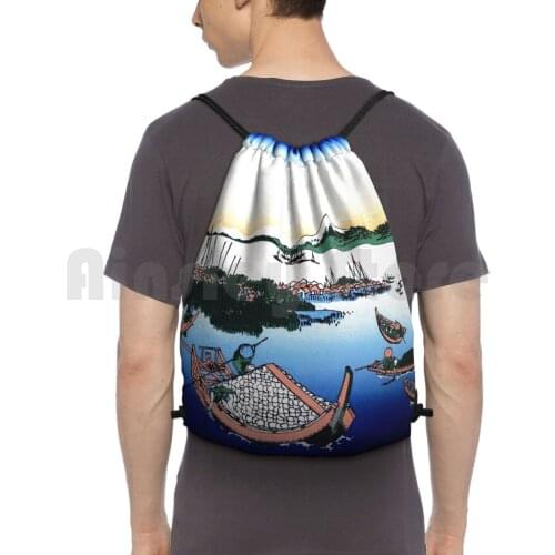 Tsukuda Island In Musashi Mount Fuji Backpack Drawstring Bags Gym Bag Waterproof Japan Japanese Fine Art Mount Fuji