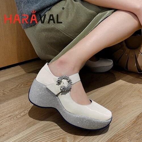 HARAVAL Women Pumps Shoes HIgh Heels Thick Mary Janes 2021 New Style Solid Black White Comfortable Office Lady Spring AutumnB351