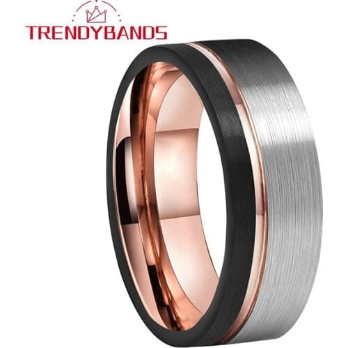 Tungsten Wedding Ring Flat Band Black Rose Gold Ring For Men And Women With Offset Groove And Brushed Finish