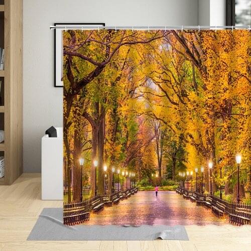 Forest Shower Curtain Street Woods Plant Flower Sunset Autumn Scenery Pattern Bathroom Decor Polyester Cloth Hanging Curtain Set