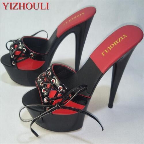 New For Women 15cm High Heel Strappy Platform Slipper Black Womens slippers Sexy Dance Shoes