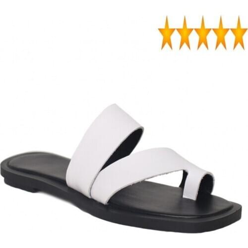Women 2021 Summer Slippers Square Toe Flip Flops White Black Genuine Leather Leisure Flat Sandal Outdoor Beach Slides Shoes