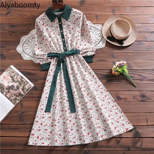 Mori Girl Autumn Women Sweet Dress Turn-Down Collar Floral Printed Sashes Dress Korean Chic Flowers Corduroy Pockets Midi Dress