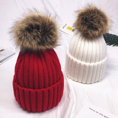 Winter Knitted Pom Beanie Bobble Hat Cotton Lined Faux Fur Ball Unisex Kids Slouchy Beanie Skull Hat Warm Soft Ski Pom Pom Cap
