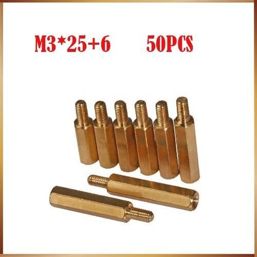 50pcs M3 Male 6mm x M3 Female 25mm Brass Standoff Spacer M3 25+6 Copper Hexagonal Stud Spacer Hollow Pillars m3*25+6mm