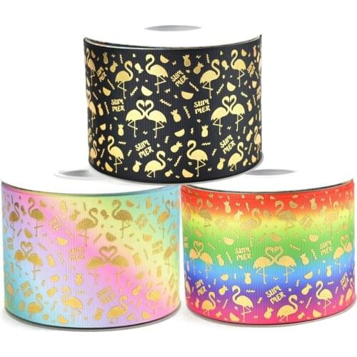50yards 75mm Gold Foil Flamingo Grosgrain Ribbon Colorful Gradient For DIY Accessories Welcome Custom Printed