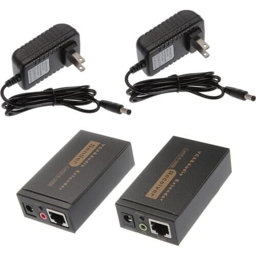 VGA-100MS 100m RJ45 To VGA Network Over Signal Sender Video Audio Extender CAT5e/6 Set Transmitter Receiver Adapter w/ AC Power