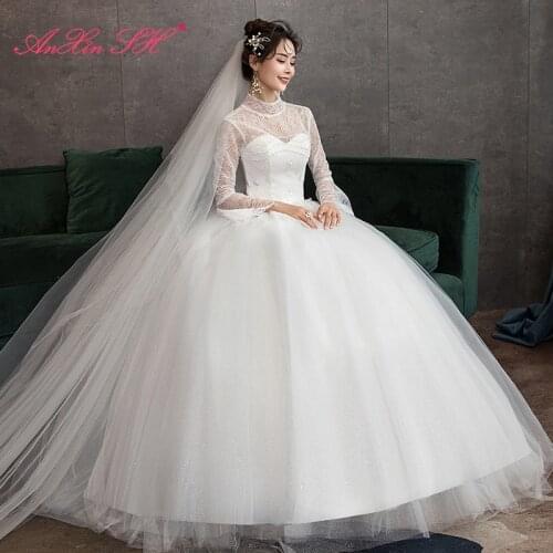 AXJFU princess flower lace white wedding dress party vintage illusion beading pearls high neck long sleeve bride wedding dress