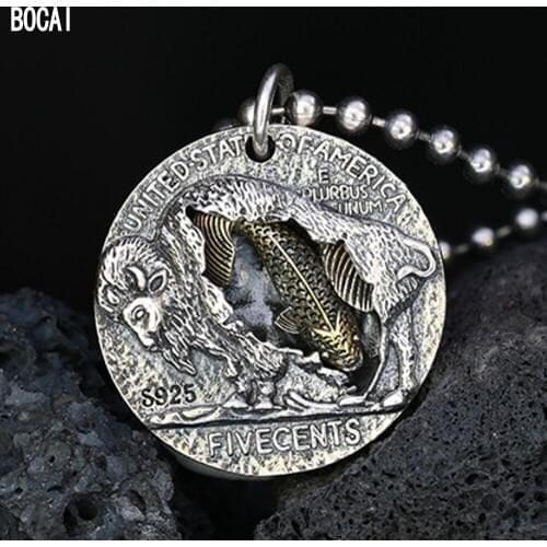 BOCAI New Real s925 sterling silver jewelry embossed skull medallion pendant retro personality hip-hop leader koi man pendant