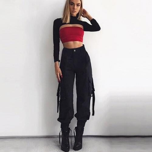 SLLSKY 2019 Spring Streetwear Cargo Pants Women Casual Joggers Black High Waist Pants Loose Female Trousers Ladies Pants Capri