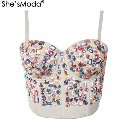 ShesModa Color Rhinestone Bead Pearls Bustier Push Up Wedding Bralette Womens Bra Cropped Top Vest Plus Size