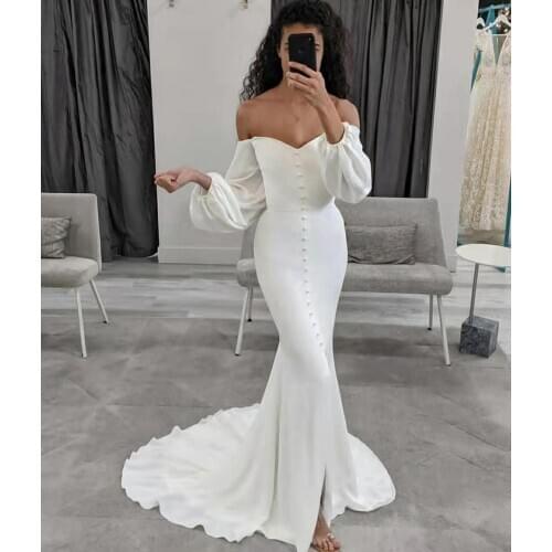Elegant Long V-Neck Mermaid Wedding Dresses with Sleeves Custom Ivory Satin Floor Length Button Back Bridal Gowns for Women