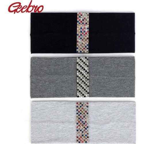Geebro Fashion Women Cotton Color Rhinestones Crystal Headwear Turban Female Elastic Headband Hair Accessories For Ladies Girls