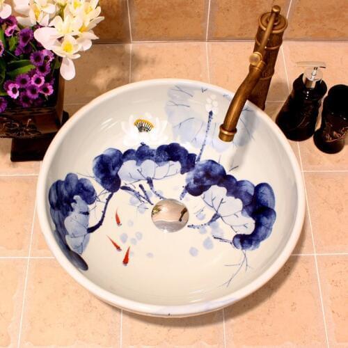 China Painting Lotus Ceramic Art Basin Sink Counter Top Wash Basin Bathroom Vessel Sinks vanities hand drawing wash basin