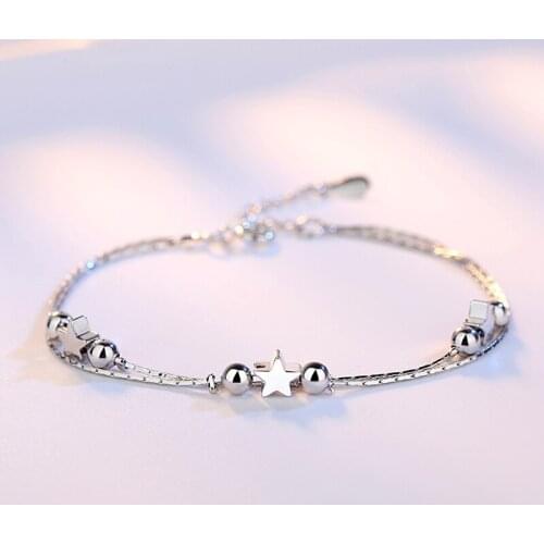 LVB81 hot sell 925 Sterling Silver Star Heart Bracelets & Bangles for Women Jewelry Two Layer Chain Link Bracelet