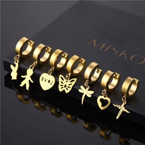 Fashion Stainless Steel Punk Hollow Love Heart Butterfly Dragonfly Earrings For Men Women Gold Color Cool Hip Hop Ear Jewelry