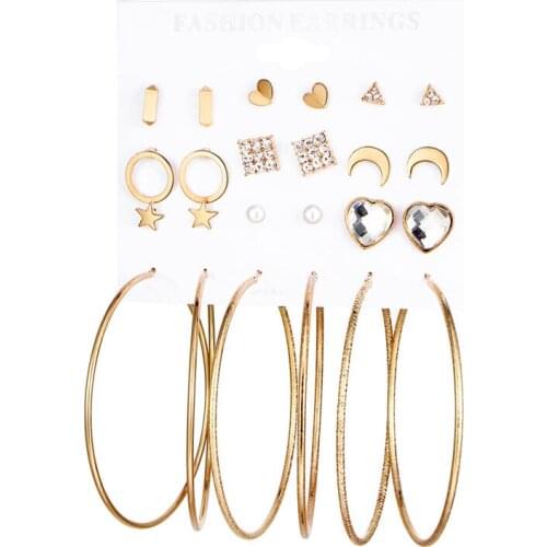 Gold Color Fashion Stud Earring Set Mix for WomenGeometric Crystal Heart Triangle Star Moon Big Round Circle Brincos NEW