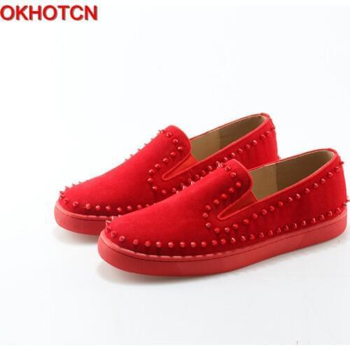 OKHOTCN Handmade Fashion Mens Shoes Red Suede Rivets Round Toe Slip-on Flats Hot Style Popular Shoes Men Sneakers soft flats