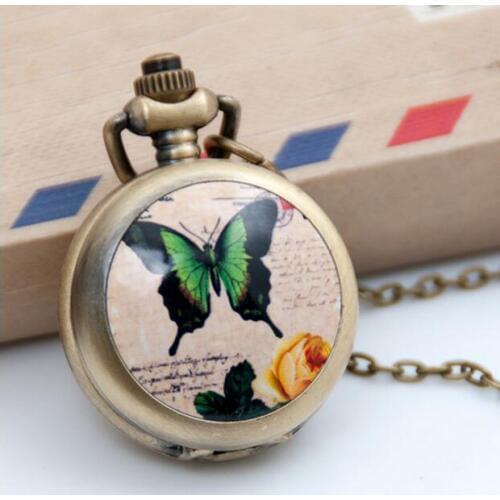 Wholesale price good bronze quality silver enamel blue butterfly pattern drawing pocket watch necklace hour clock antibrittle