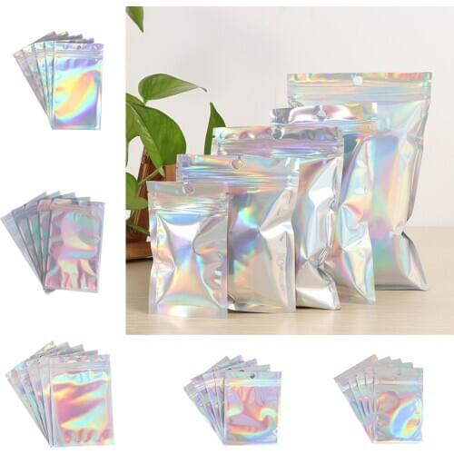20Pcs Iridescent Zip lock Bags Pouches Cosmetic Plastic Laser Iridescent Bag Holographic Makeup Hologram Zipper Bags New