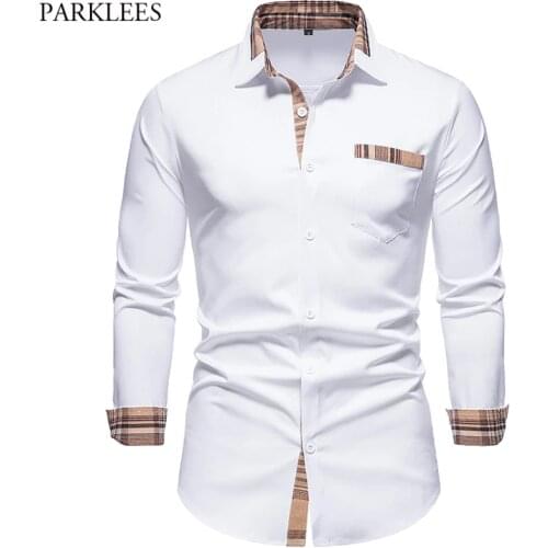 PARKLEES 2021 Autumn Plaid Patchwork Formal Shirts for Men Slim Long Sleeve White Button Up Shirt Dress Business Office Camisas