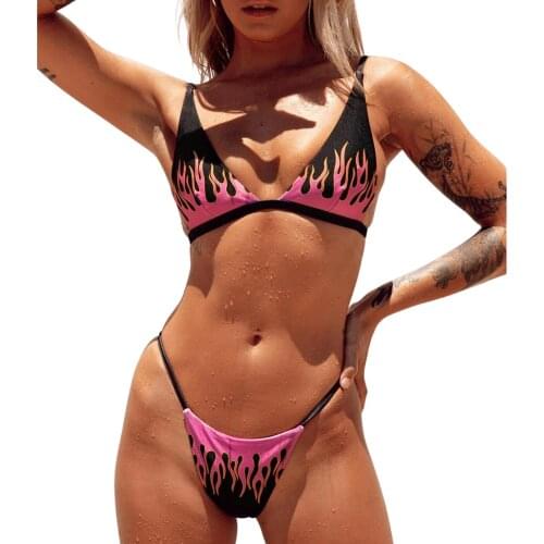 Sexy Women Swimsuit 2021 Fire Print Two Piece Bikini Set Push Up High Waist Thong Swimwear Summer Bathing Suit Beachwear