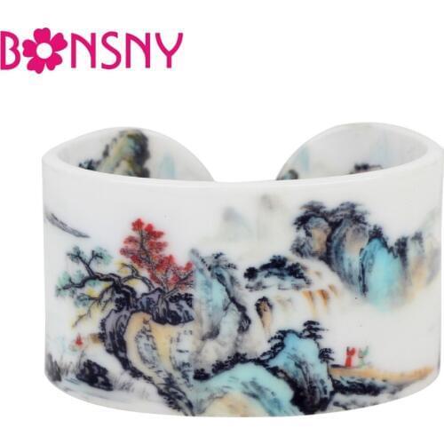 Bonsny Plastic Floral Chinese Mountain Landscape Vintage Bangles Bracelets Fashion Ethnic Craft Jewelry For Women Girls Ladies