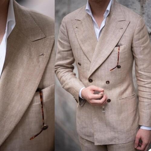 Casual Linen Men Tuxedos Custom Made Summer Peaked Lapel Blazer Double Breasted Party Prom Business Office 2 Pieces Set