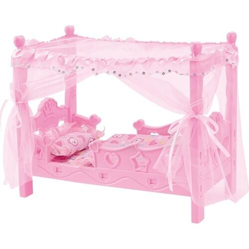 Durable Plastic Baby Doll Bed With Canopy Bedding Set For Mellchan Doll Pink
